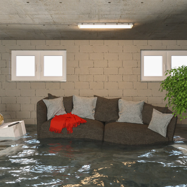 greyish house with a brwonish sofa in the middle of the room with some flood around